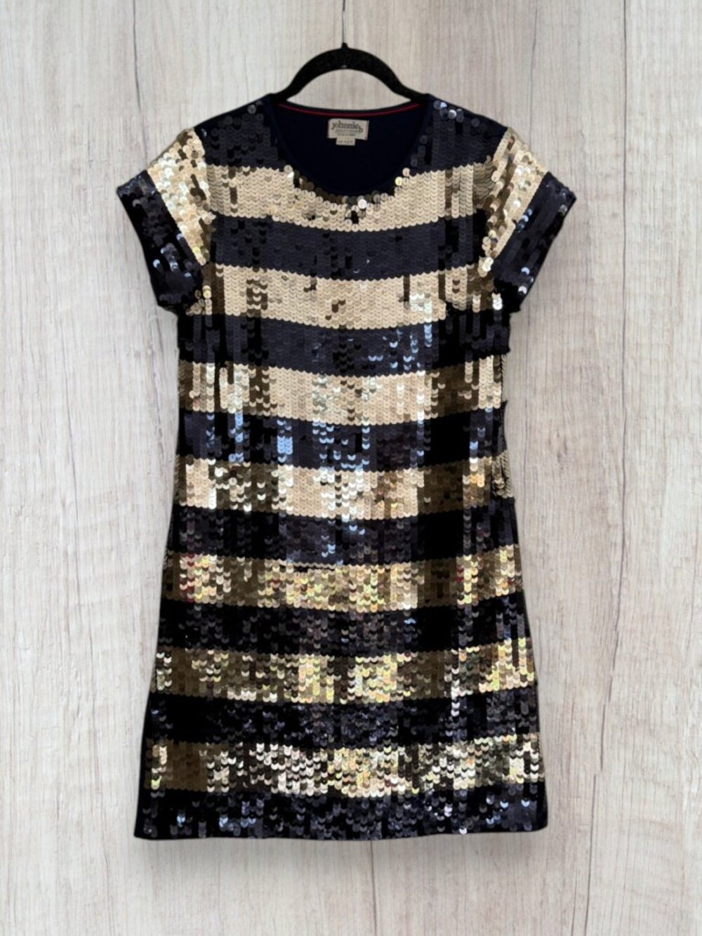Johnnie b Boden Girls 13-14Y Navy Gold Sequin Stripe Shift Dress Party Holiday